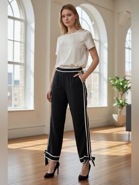 Black Track Pants with White Trim and Tie Hem